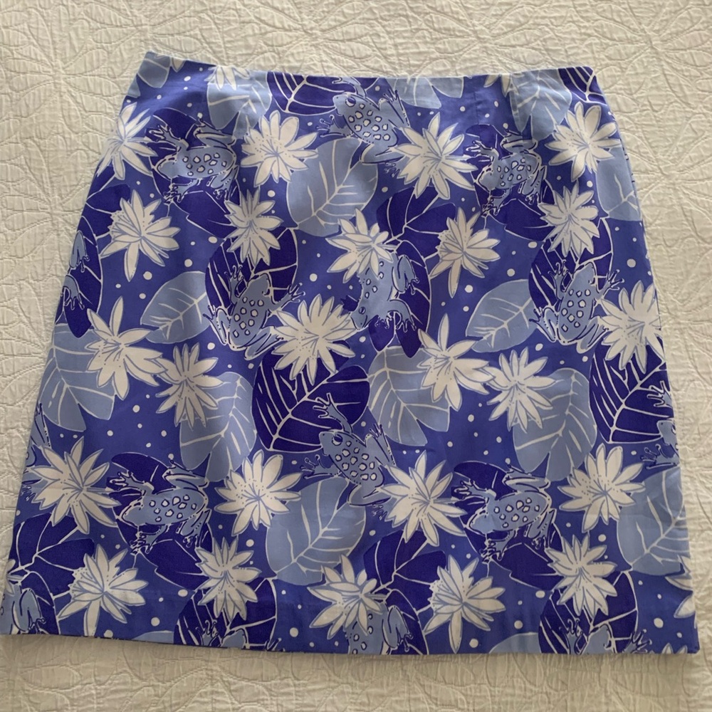 Vintage Y2K LILLY PULITZER 14 Blue Floral Lined, Zippered A-Line Skirt w Frogs